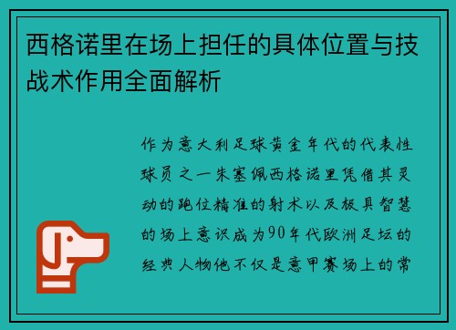 西格诺里在场上担任的具体位置与技战术作用全面解析 西格诺里在场上担任的具体位置与技战术作用全面解析