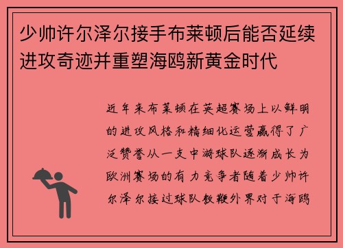 少帅许尔泽尔接手布莱顿后能否延续进攻奇迹并重塑海鸥新黄金时代